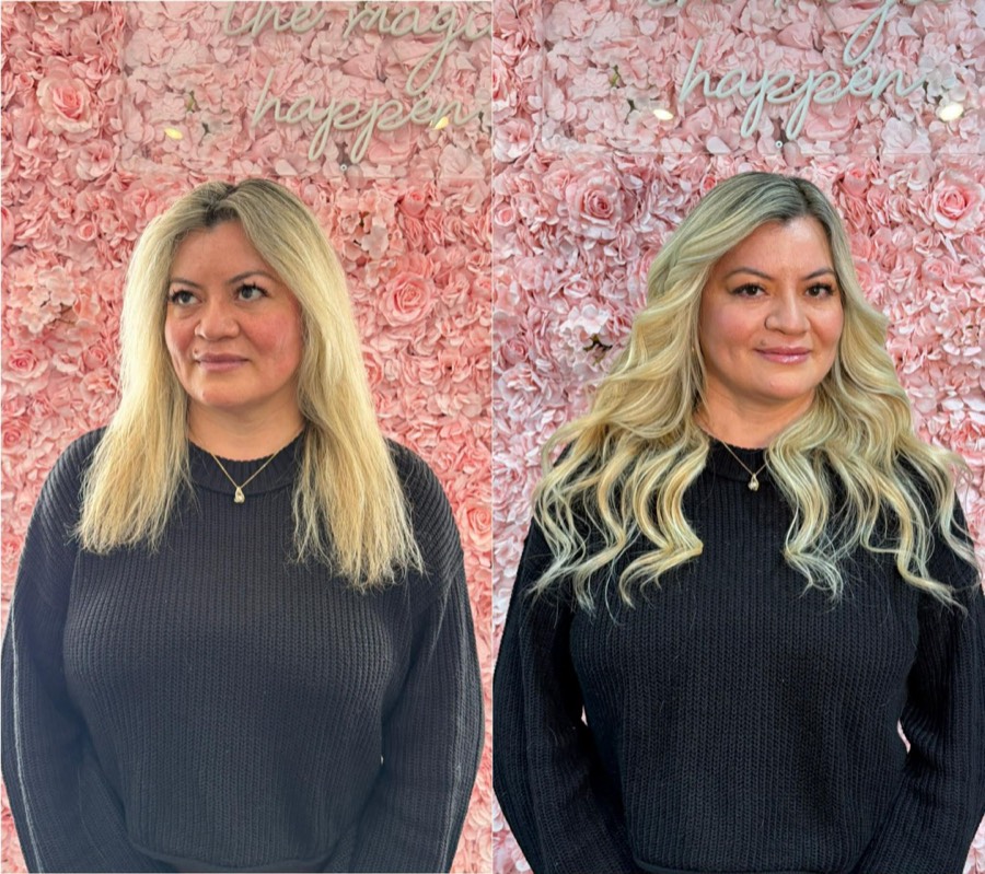 Before and after blonde hair extensions with dramatic volume and curls
