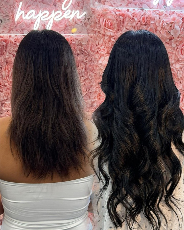 Before and after dark hair extensions with added length and waves