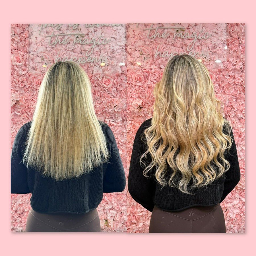 Before and after blonde hair extensions with full volume transformation