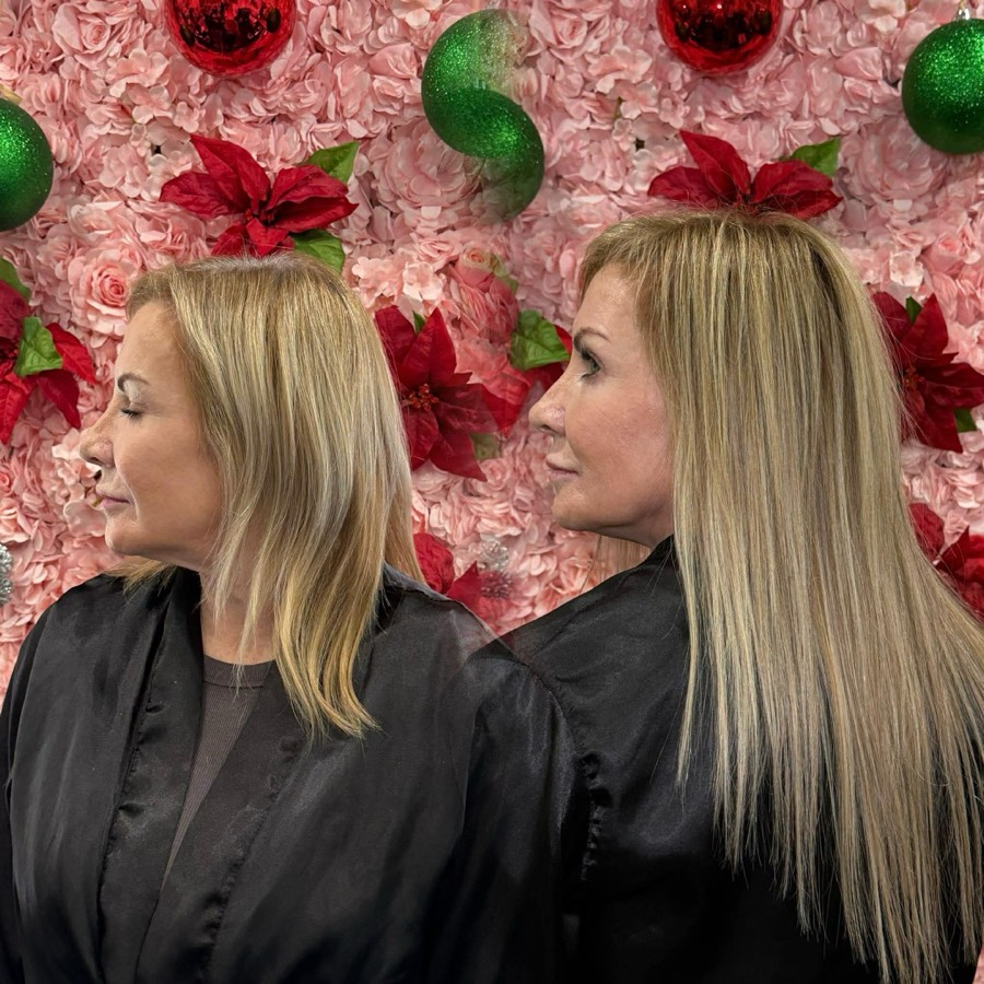 Side profile before and after blonde hair extensions