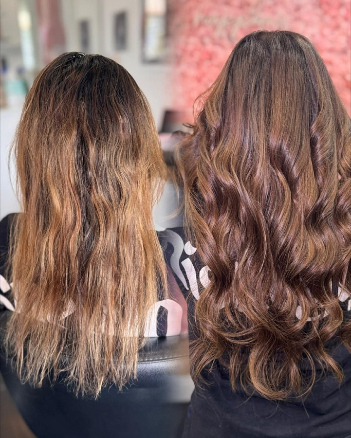 Before and after brown wavy hair extensions with added length