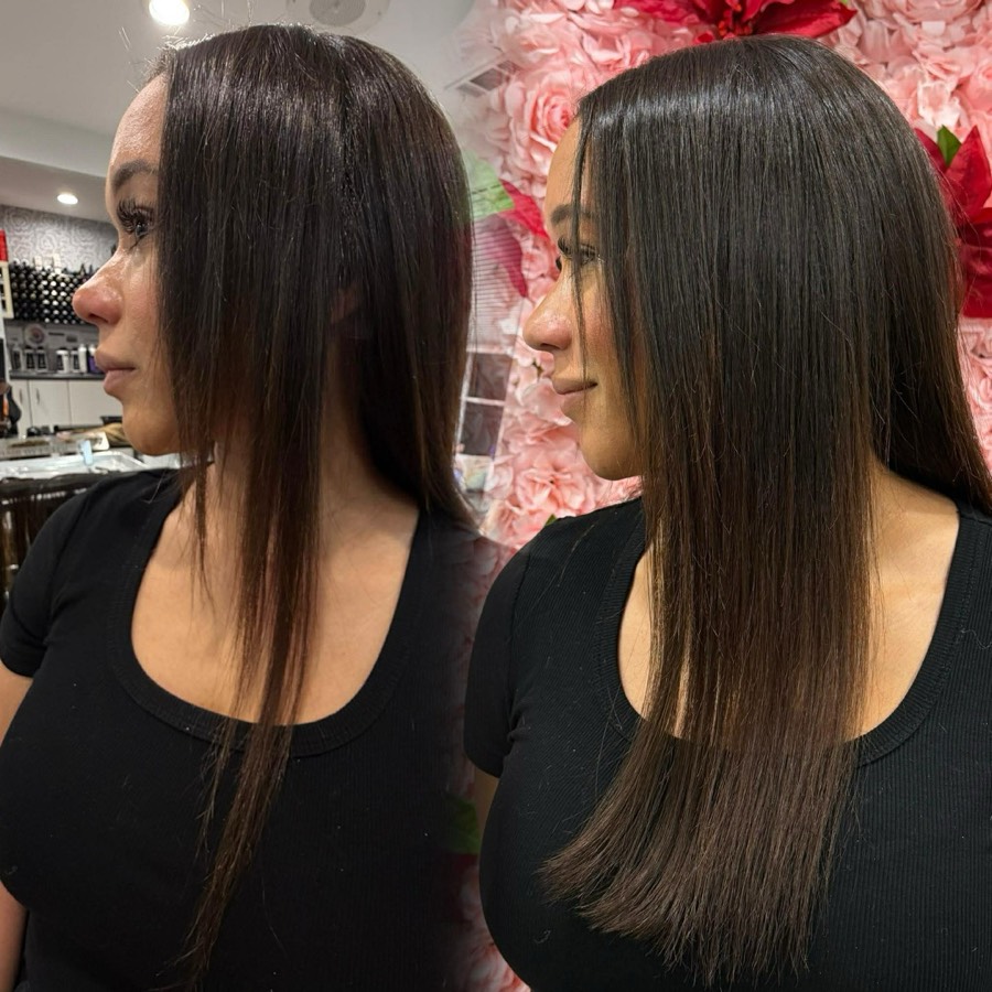 Before and after dark brown hair extensions transformation
